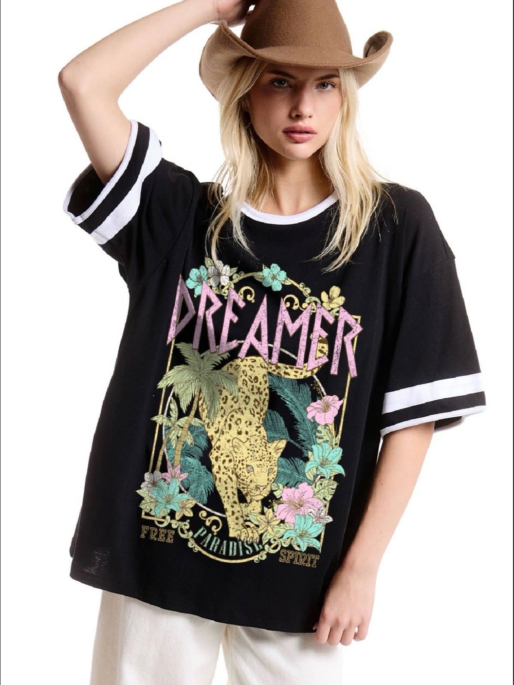 Black 'DREAMER' Graphic oversized Tee with Floral Leopard Print